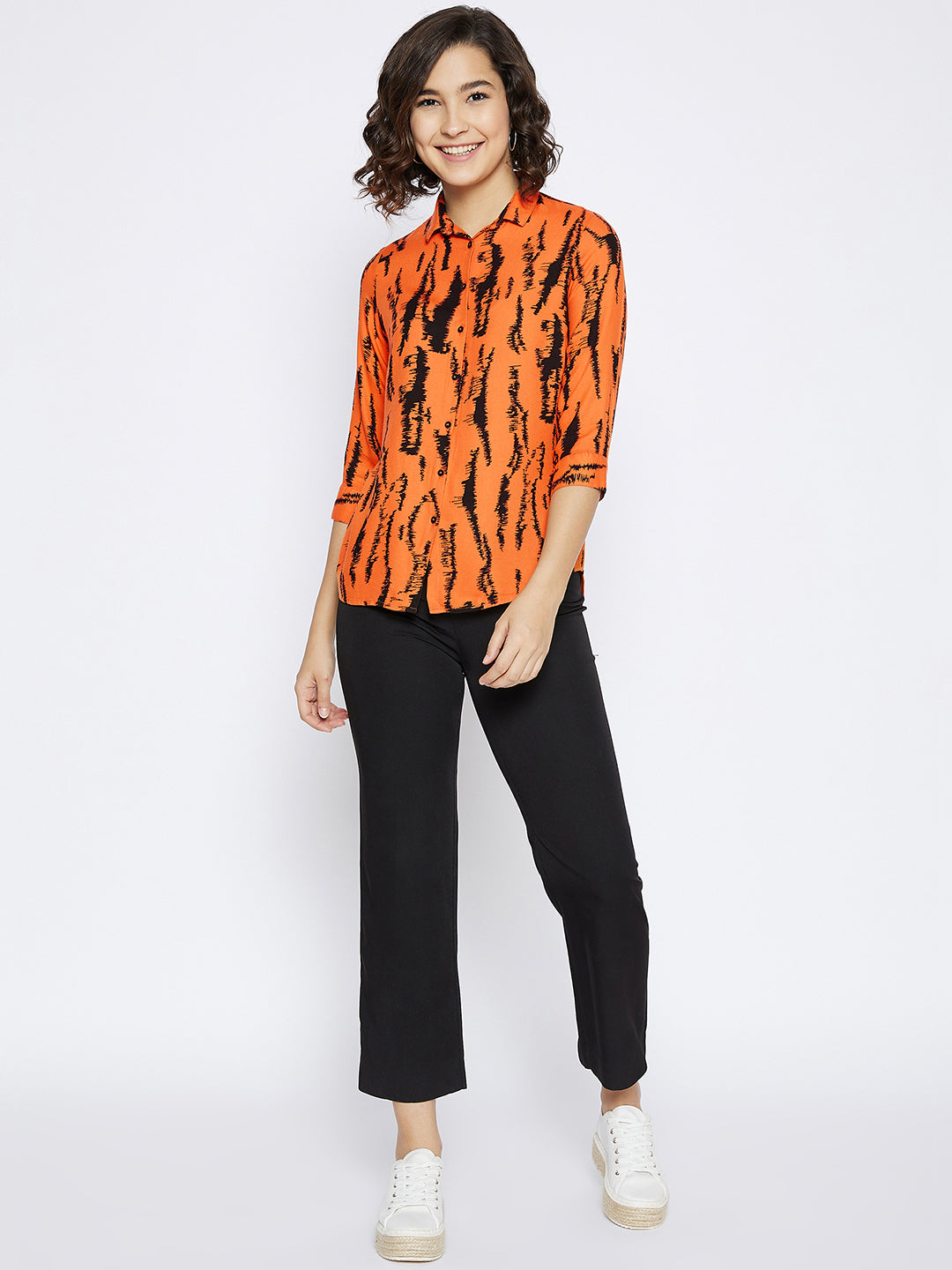 Orange Printed Slim Fit shirt - Women Shirts