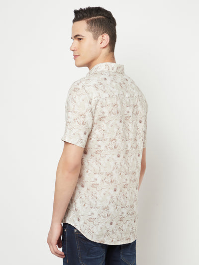 Beige Floral Printed Linen Shirt - Men Shirts