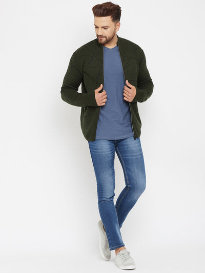 Olive Printed Zipper Sweater - Men Sweaters