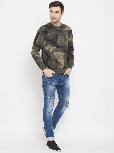 Olive Printed Round Neck Sweatshirt - Men Sweatshirts