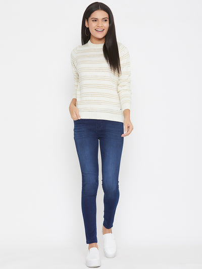 Off White Striped Round Neck Sweater - Women Sweaters