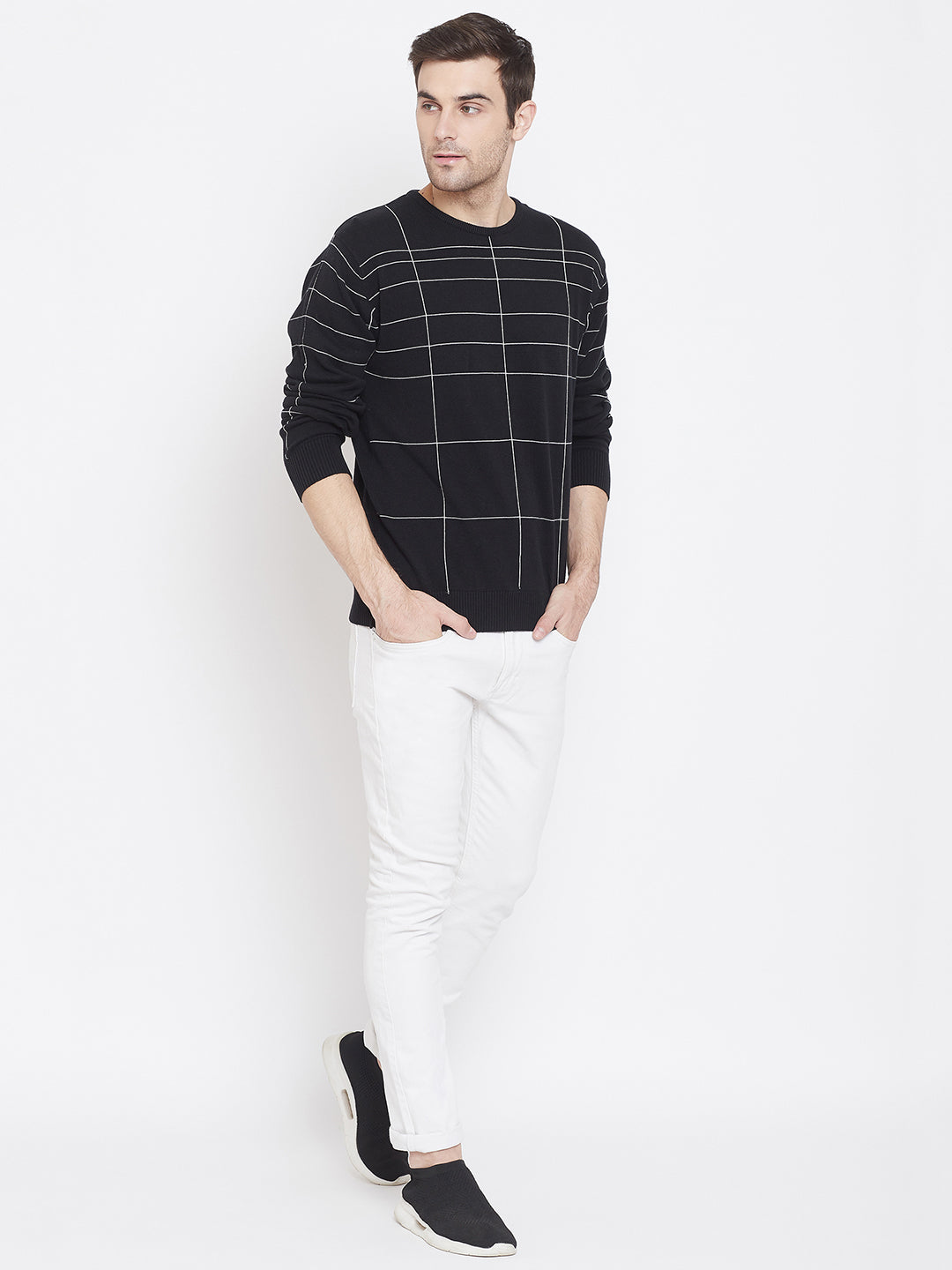 Black Printed Round Neck Sweater - Men Sweaters