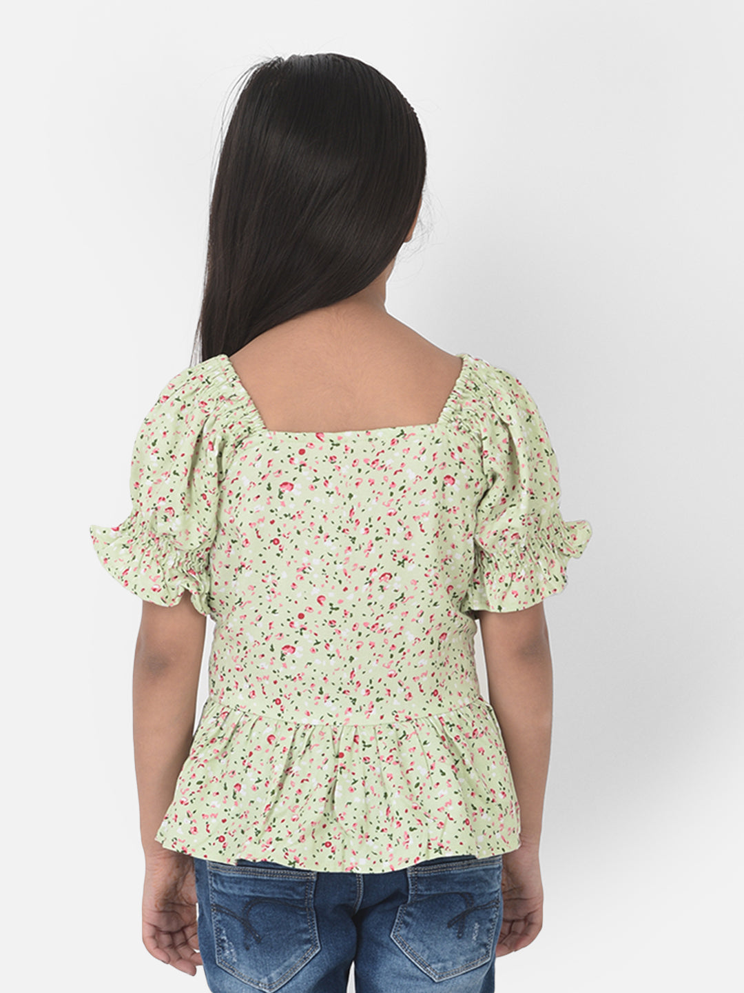 Green Floral Printed Cinched Waist Top - Girls Tops