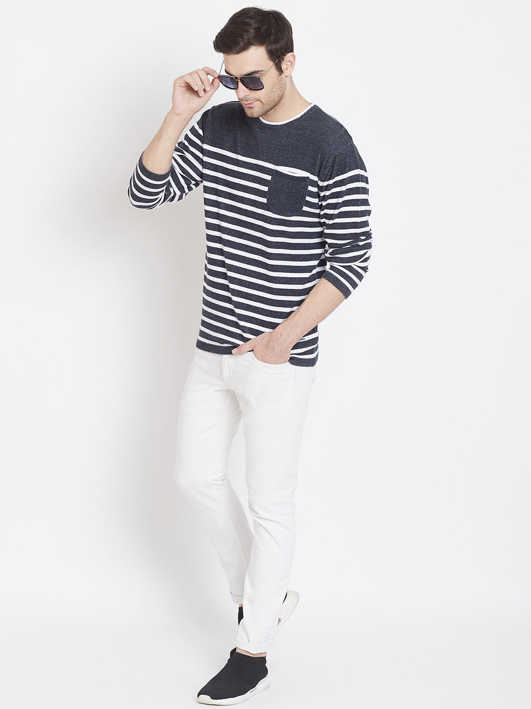 Grey Striped Round Neck Sweaters-Men Sweaters-Crimsoune Club