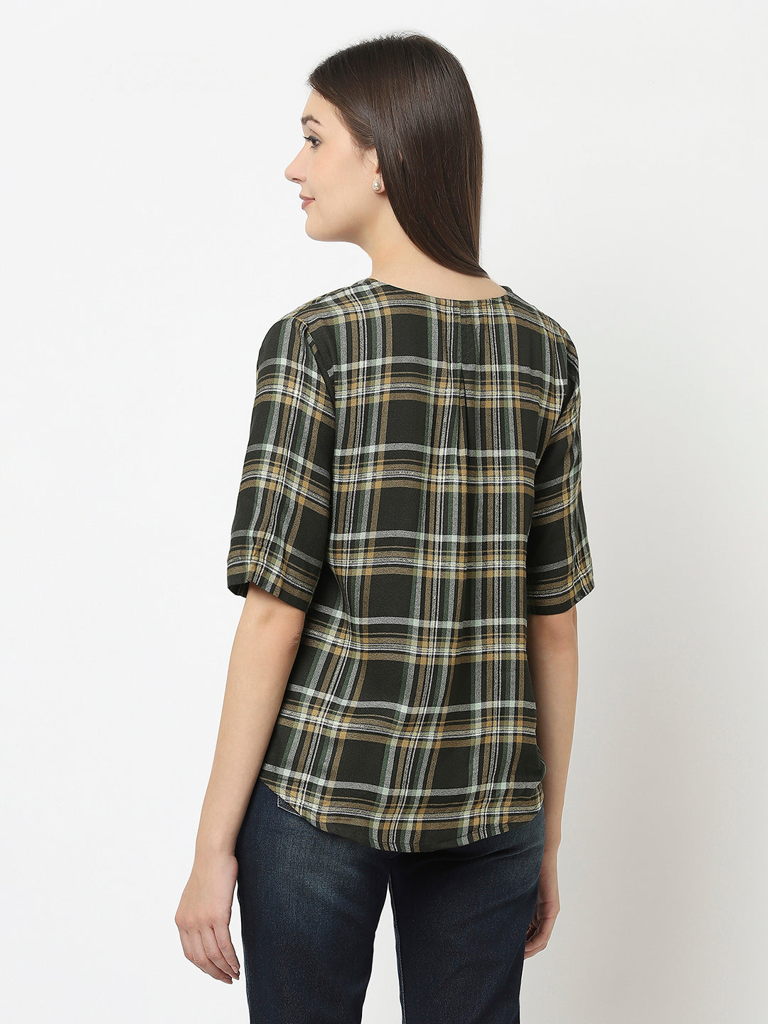 Dark Green Cropped Top in Checks