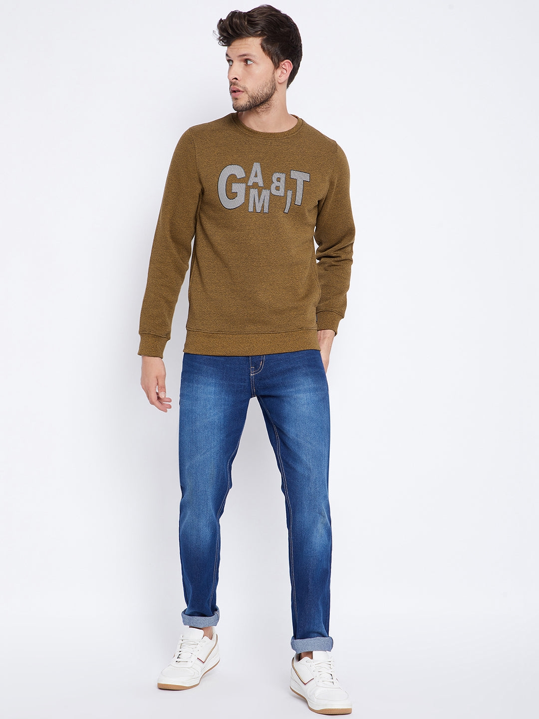 Mustard Printed Round Neck Sweatshirt - Men Sweatshirts