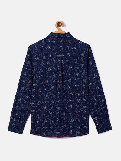 Navy Blue Printed Linen Casual Shirt - Boys Shirts