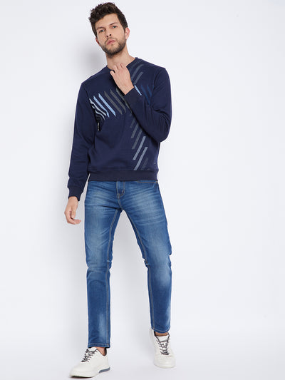 Navy Blue Printed Round Neck Sweatshirt - Men Sweatshirts