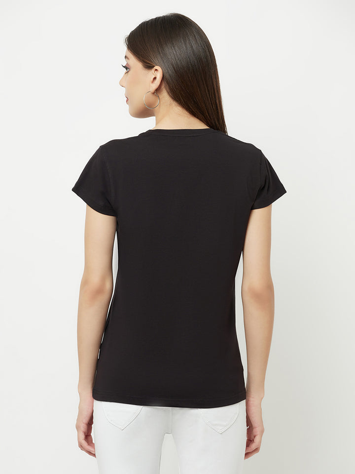 Black Printed Round Neck T-Shirt - Women T-Shirts