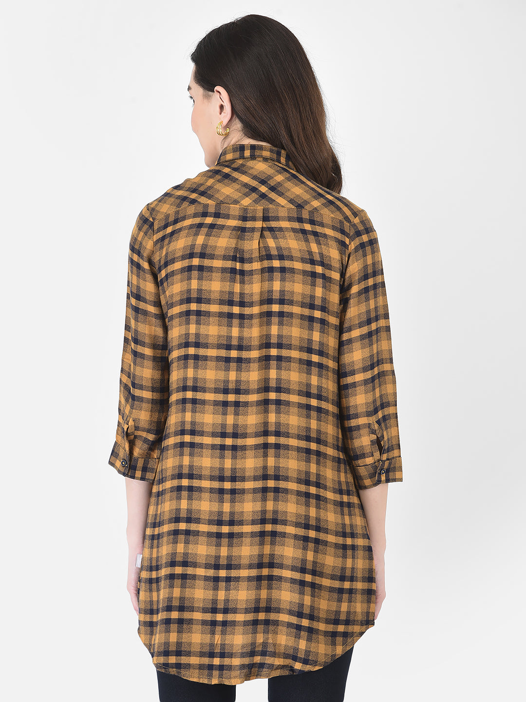 Mustard Yellow Longline Checked Shirt - Women Shirts