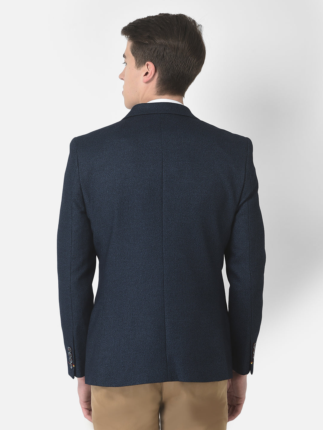  Navy Blue Textured Single-Breasted Blazer