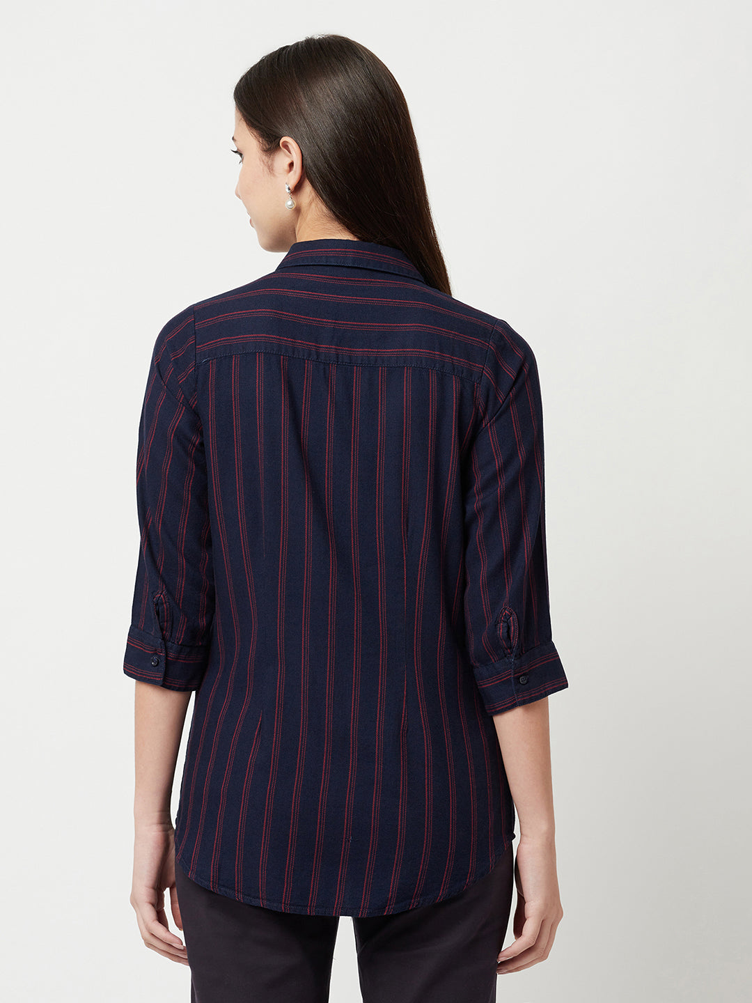 Navy Blue Striped Shirt-Women Shirts-Crimsoune Club