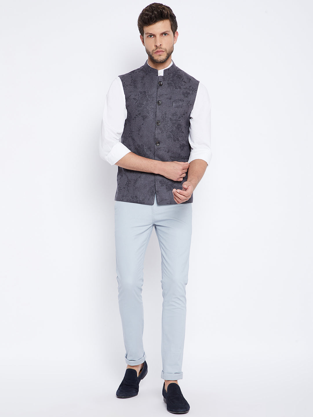 Dark Grey Floral Waistcoat - Men Waist Coat