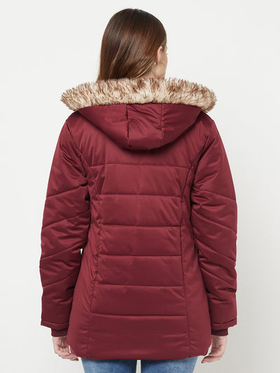 Maroon Detachable Hood Jacket - Women Jackets