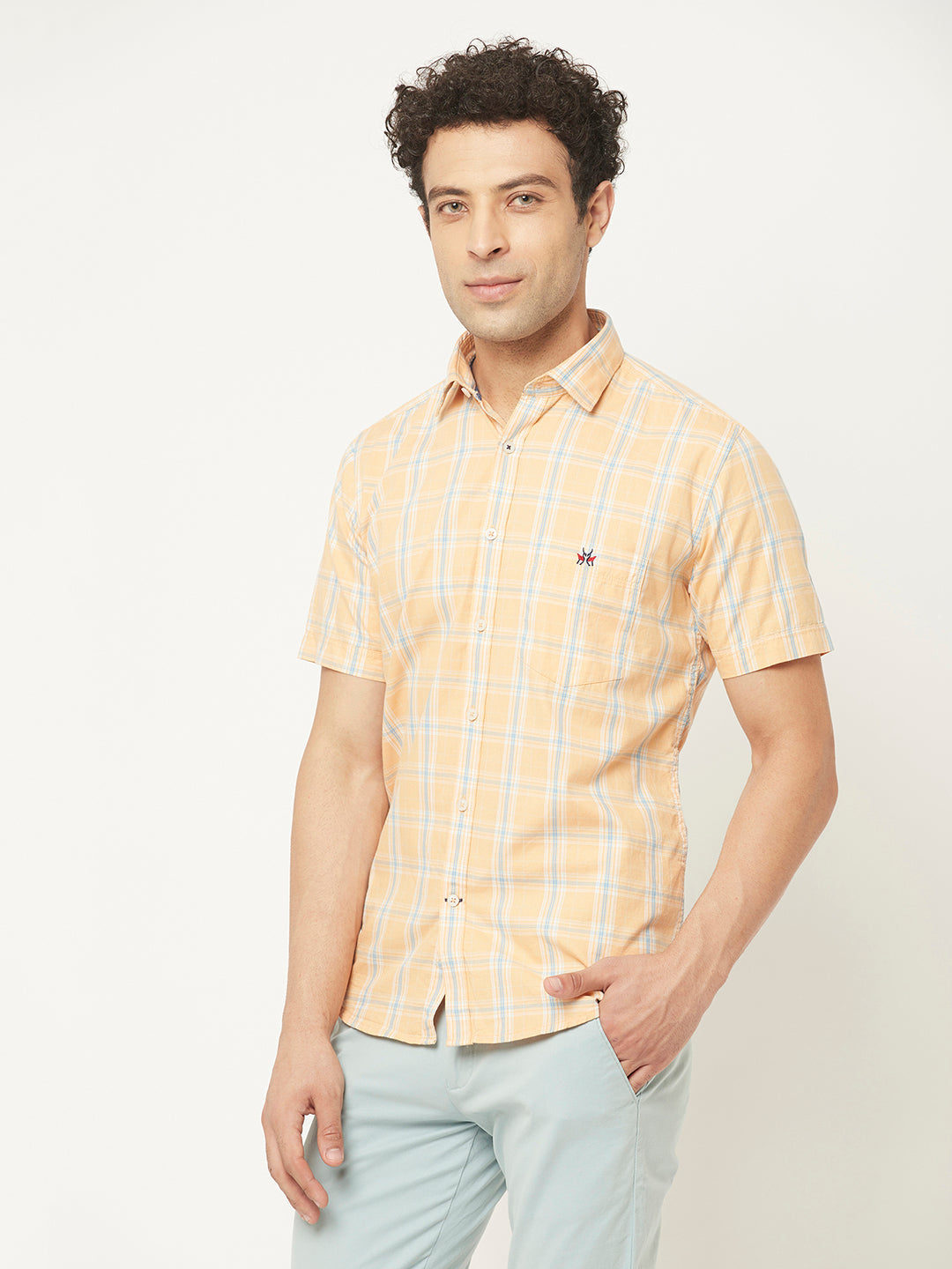   Short-Sleeved Peach Shirt in Checks
