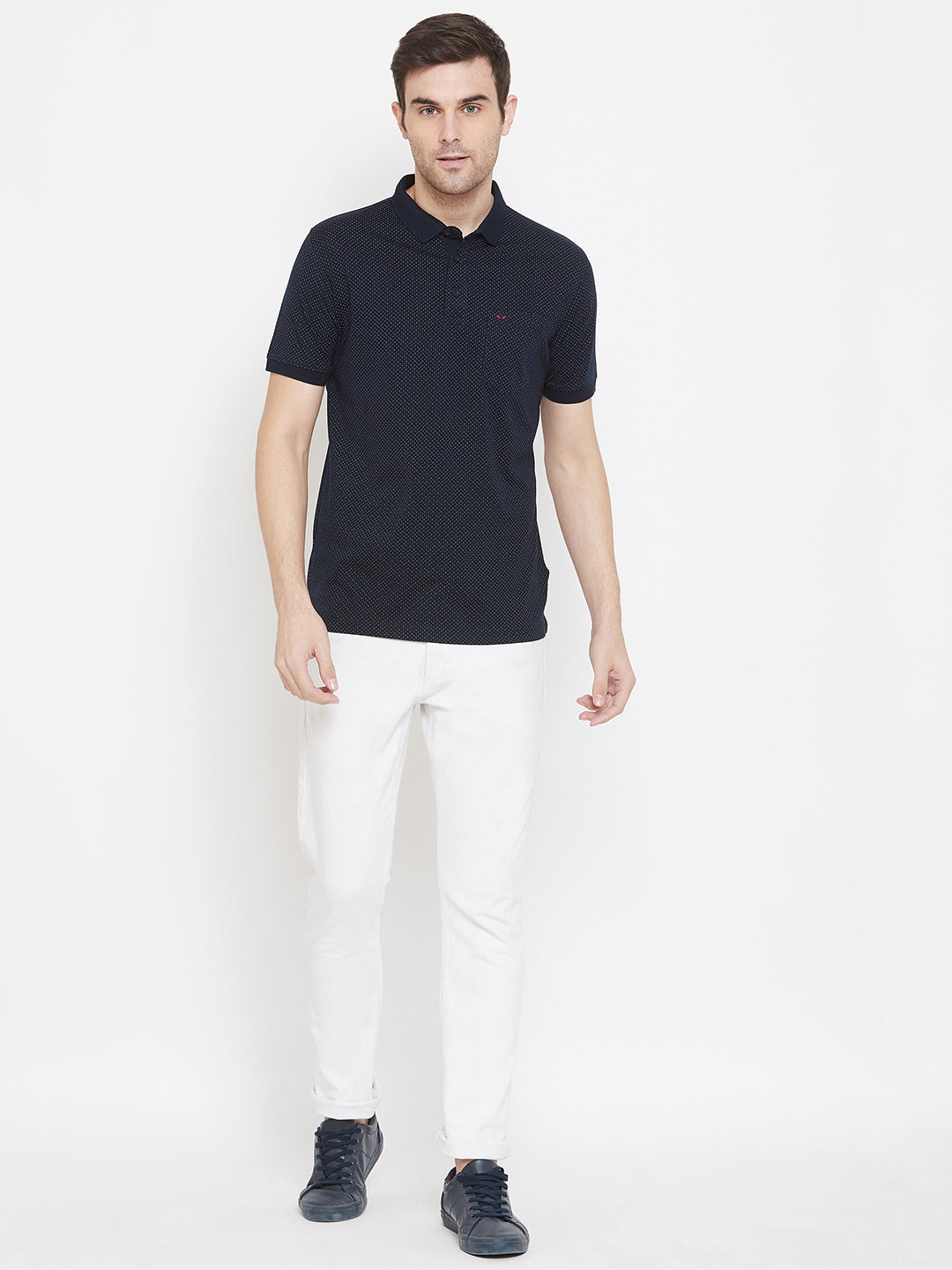 Navy Blue Printed Polo Neck T-Shirt - Men T-Shirts