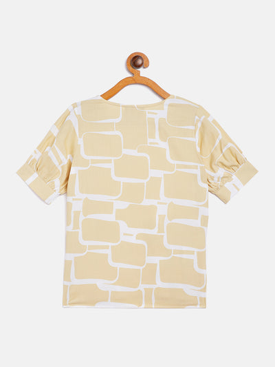 Beige Printed V-Neck Top - Girls Tops