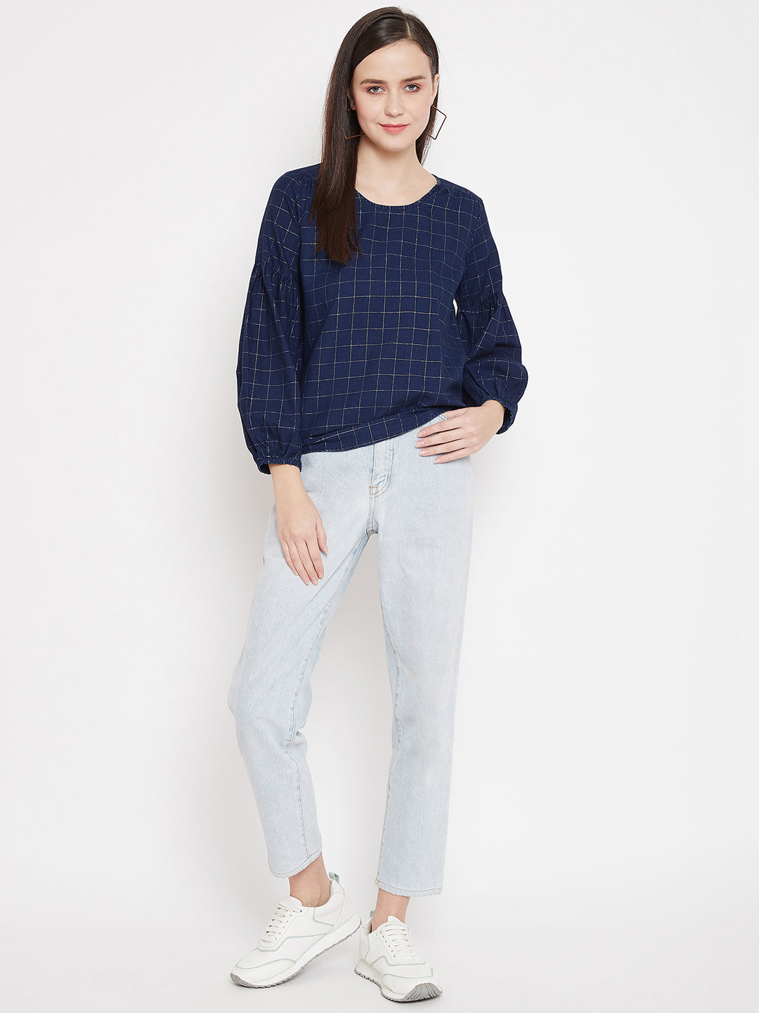 Navy Blue Checked Round Neck Tops - Women Tops