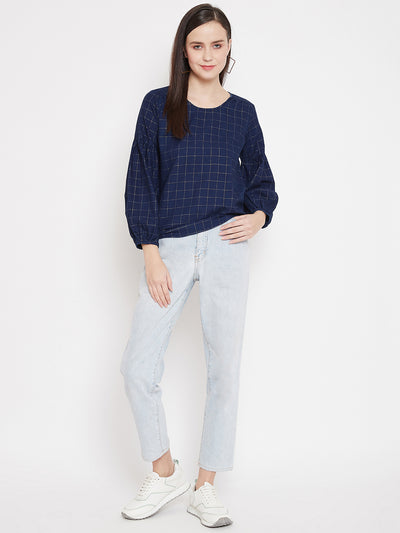 Navy Blue Checked Round Neck Tops - Women Tops