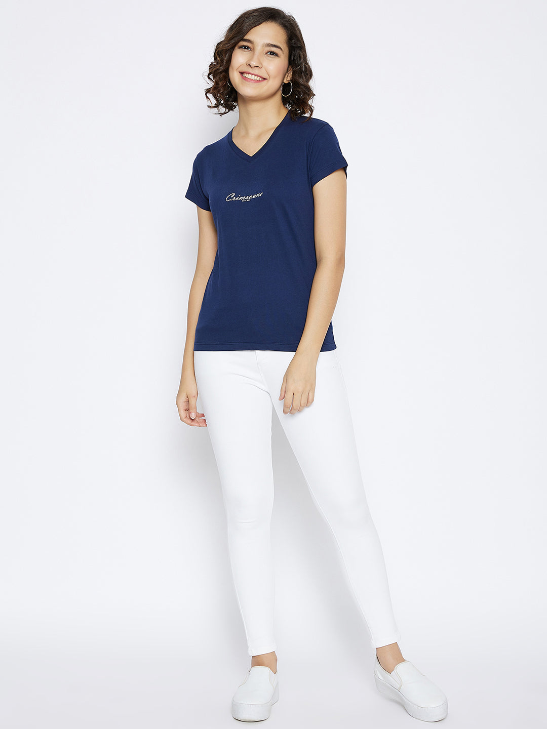 Navy Blue Printed V-Neck T-shirt - Women T-Shirts