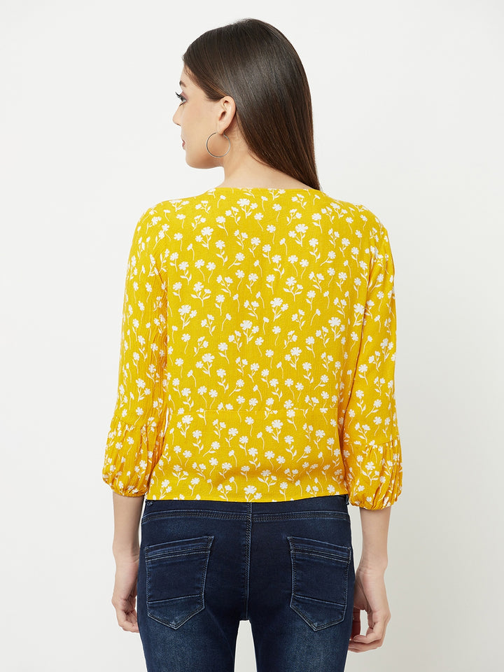 Yellow Floral Printed V-Neck Cropped Top - Women Tops