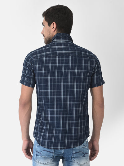 Navy Blue Checked Short Sleeves Shirt - Men Shirts