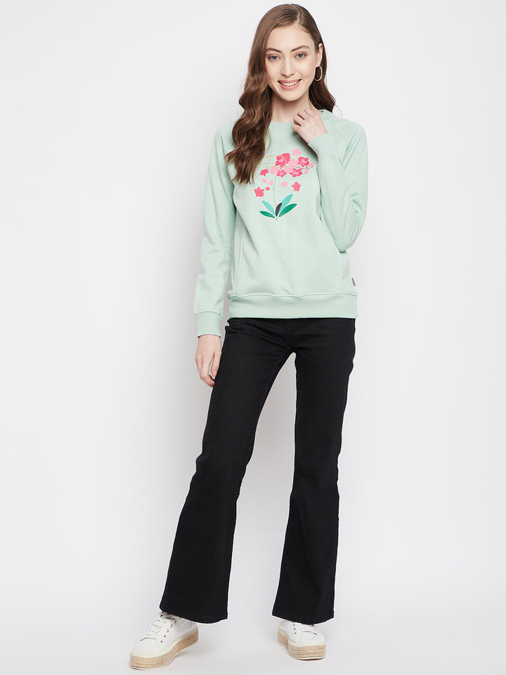 Mint Green Floral Round Neck Sweatshirt - Women Sweatshirts