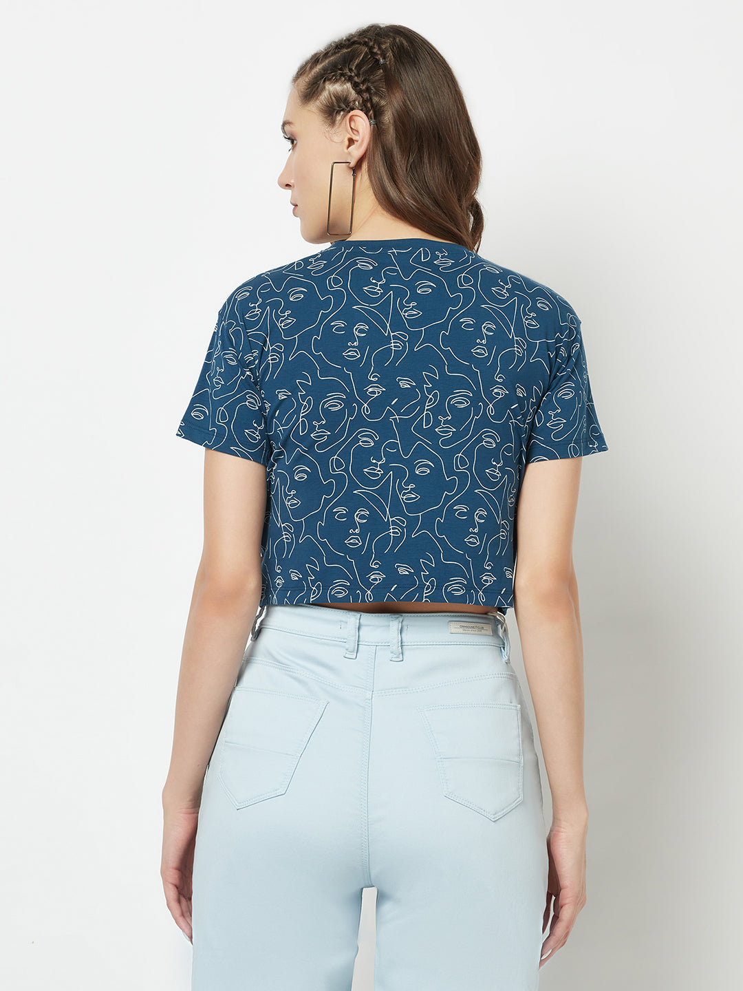  Blue Cropped One-Line Art Top