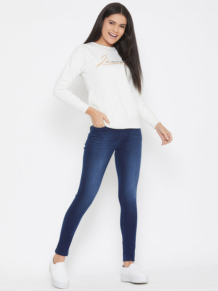 White Printed Round Neck Sweatshirt - Women Sweatshirts
