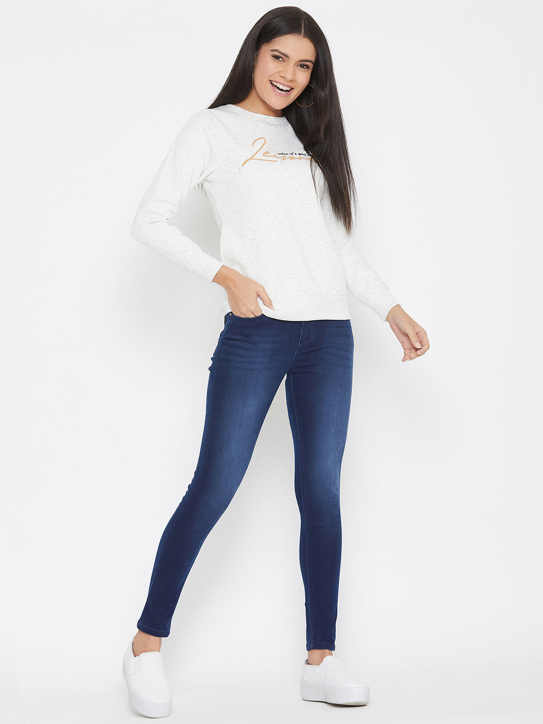 White Printed Round Neck Sweatshirt - Women Sweatshirts