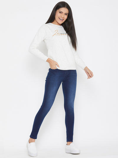 White Printed Round Neck Sweatshirt - Women Sweatshirts