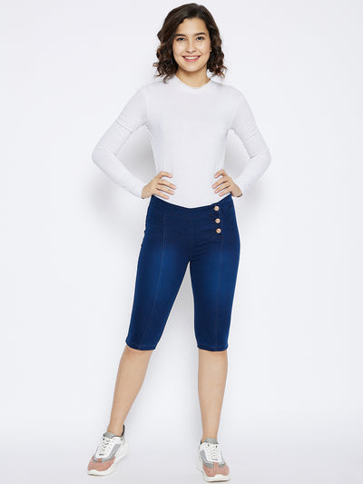 Navy Blue Slim Fit Denim Shorts - Women Shorts