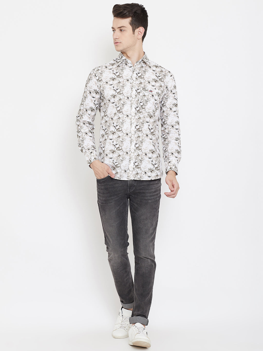 Beige Floral Spread Collar Slim Fit Shirt - Men Shirts