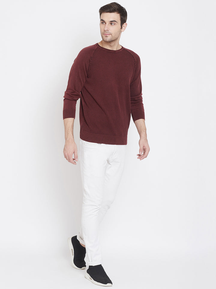 Maroon Self Design Round Neck Sweater - Men Sweaters