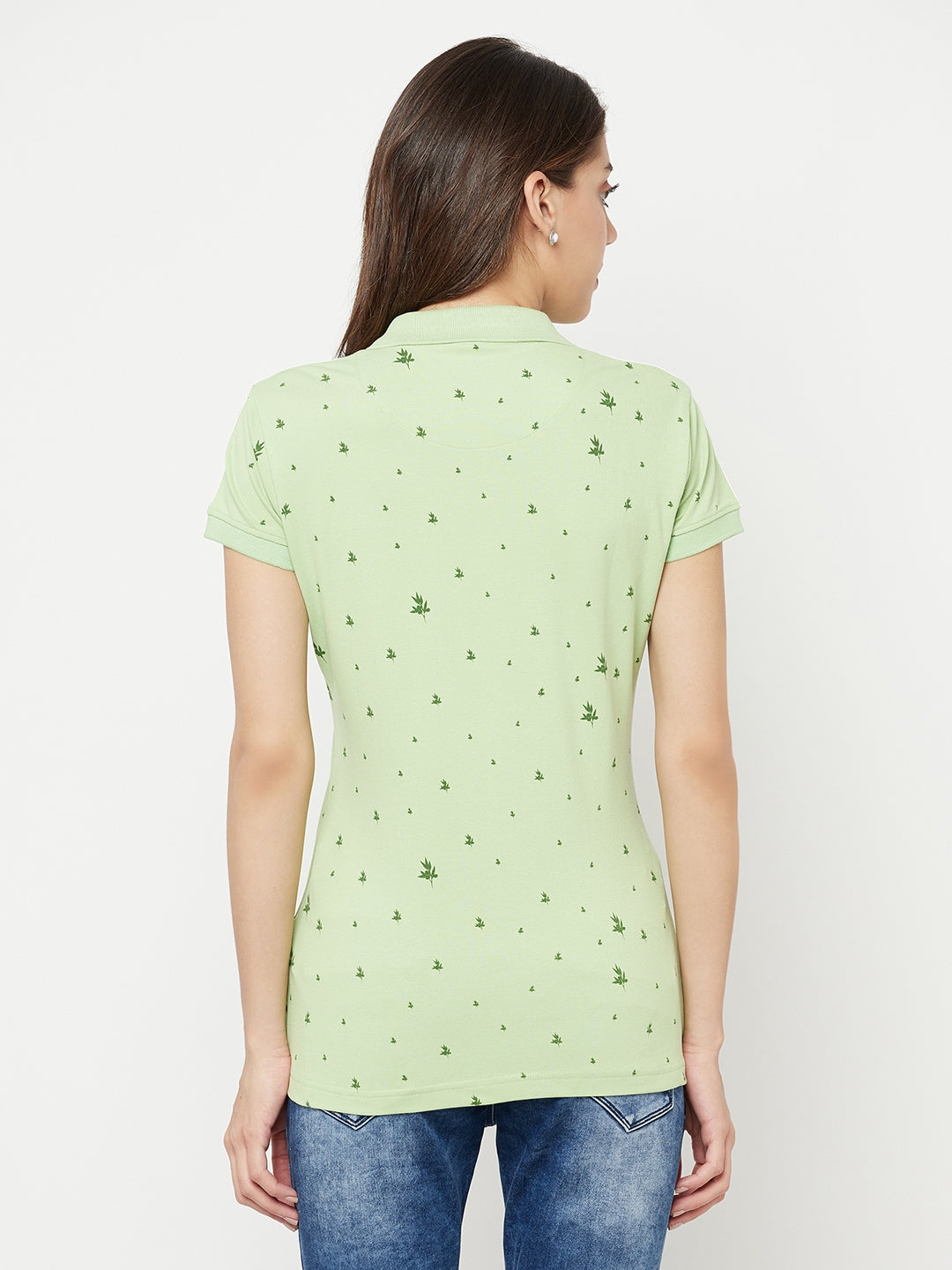 Green Floral Printed Polo Collar T-Shirt - Women T-Shirts