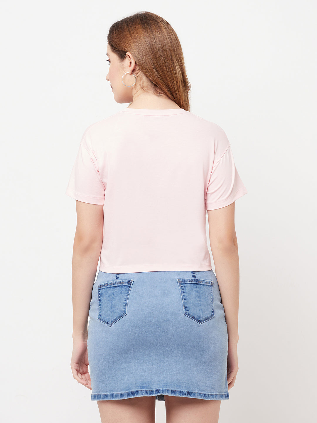 Pink Printed Round Neck Cropped T-Shirt - Women T-Shirts