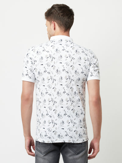 White Floral Printed Polo T-Shirt-Men T-Shirts-Crimsoune Club