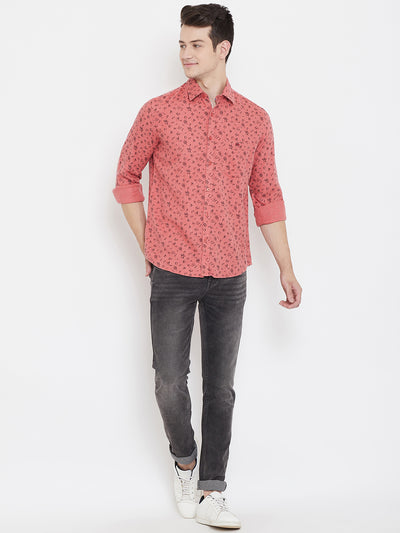 Pink Printed Spread Collar Slim Fit Shirt - Men Shirts
