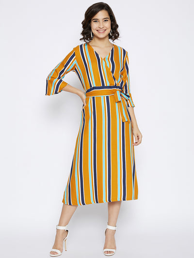 Mustard Striped Wrap Dress - Women Dresses
