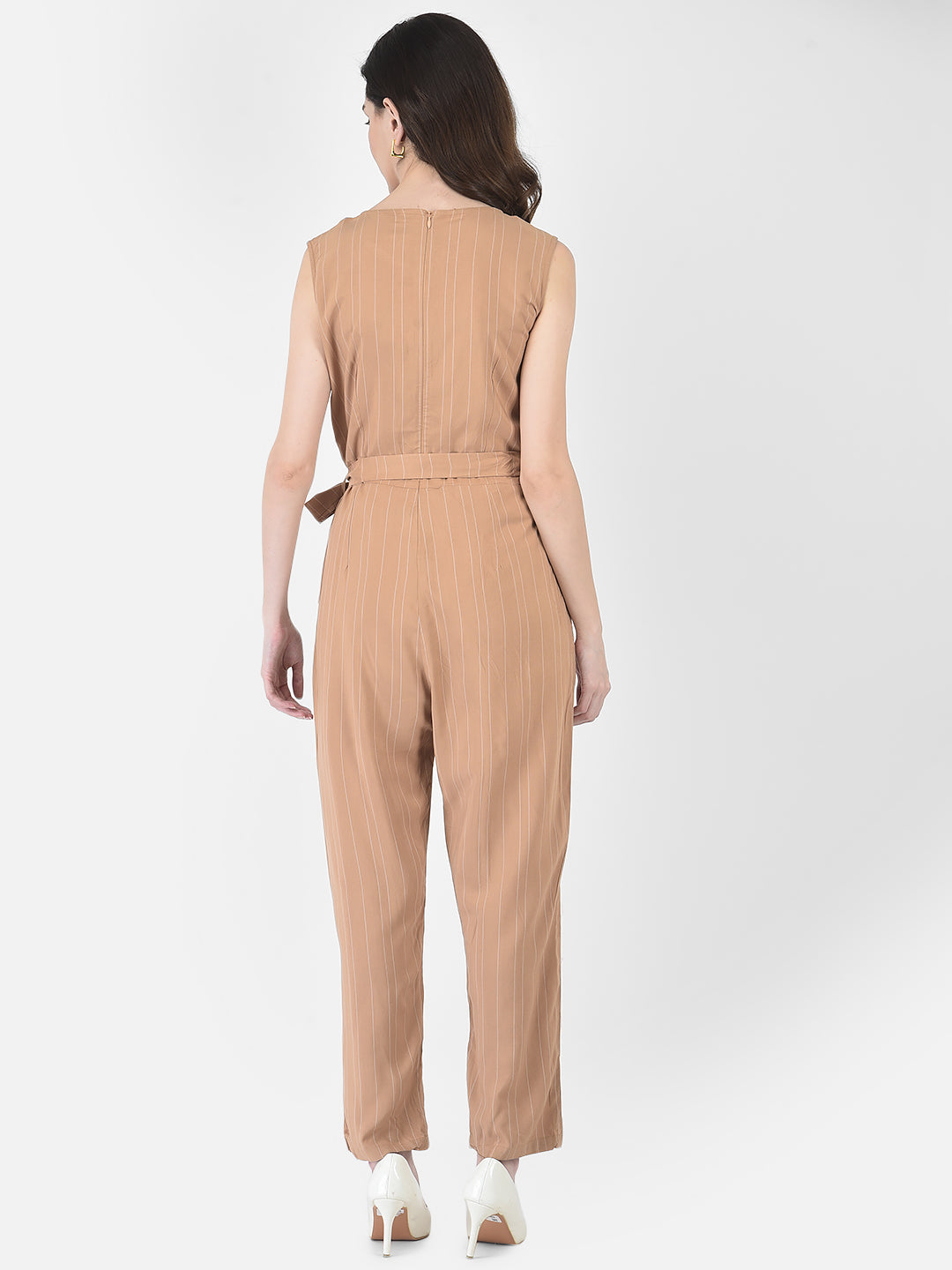 Khaki Striped Jumpsuit-Women Dungarees-Crimsoune Club