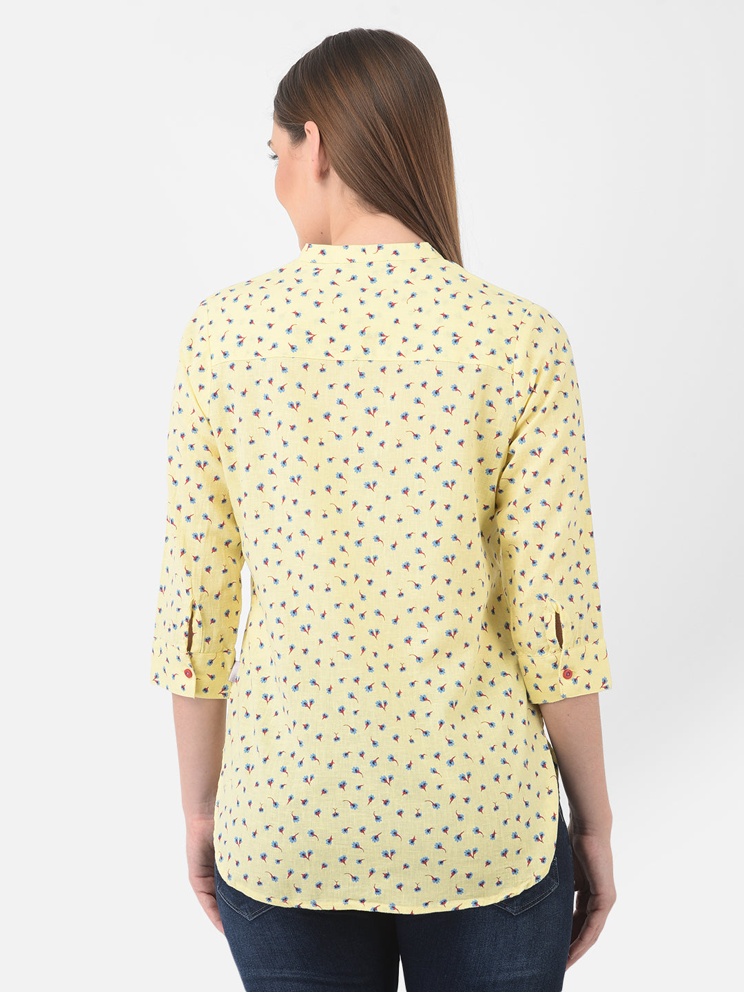 Yellow Floral Printed Linen Mandarin Collar Shirt - Women Shirts