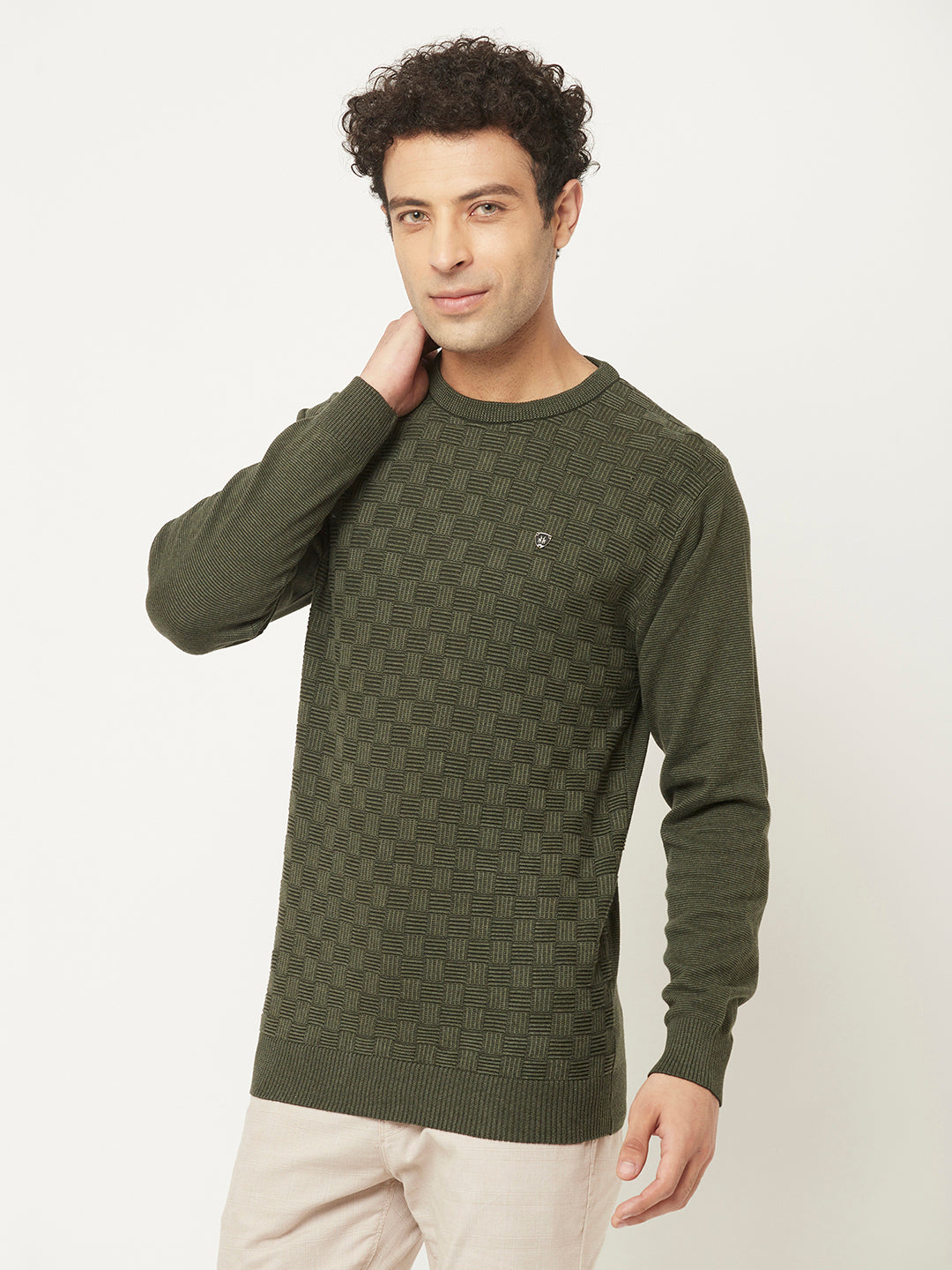 Army Green Sweater in Self Design Pattern-Men Sweaters-Crimsoune Club