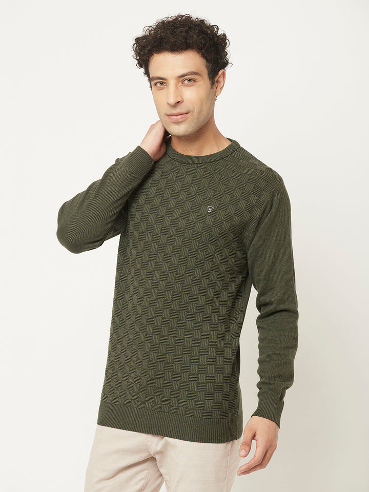 Army Green Sweater in Self Design Pattern-Men Sweaters-Crimsoune Club