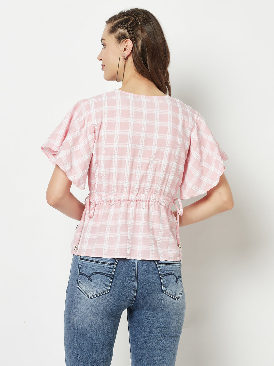 Light Pink Checked Empire Top-Women Tops-Crimsoune Club