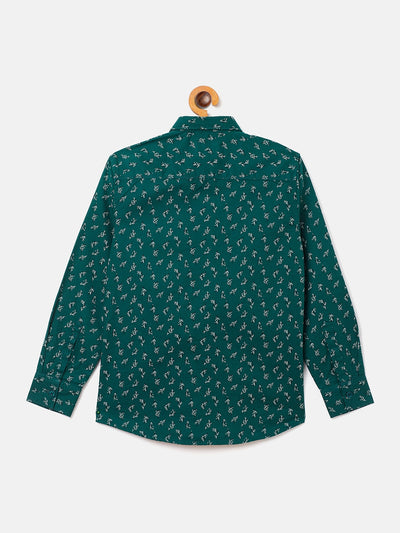 Green Printed Spread Collar Slim Fit Shirt - Boys Shirts