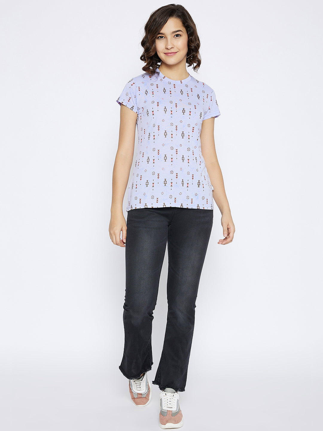 Blue Printed Round Neck T-shirt - Women T-Shirts
