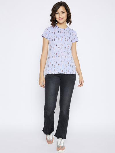 Blue Printed Round Neck T-shirt - Women T-Shirts