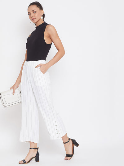 White Striped Flared Cotton Trousers - Women Trousers