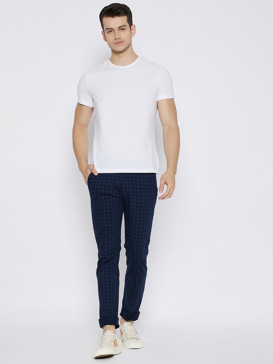 Blue Checked Slim Fit Trousers - Men Trousers
