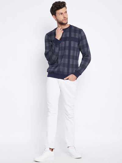 Navy Blue Checked Round Neck Sweatshirt - Men Sweatshirts